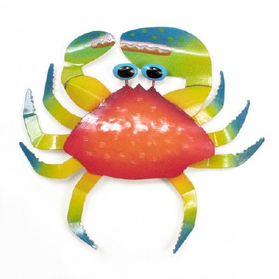 12" Red & Blue Crab Coastal Metal Wall Art Plaque