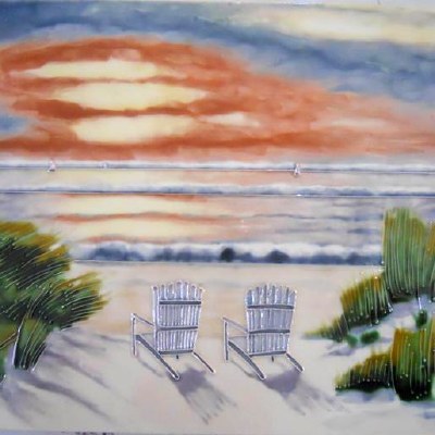 8" Square Adirondack Beach Chairs Sunset Ceramic Tile