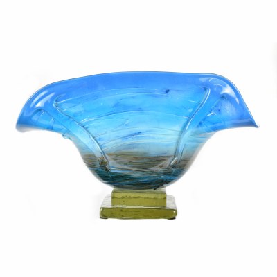17" Blue Oceanside Glass Taco Shaped Bowl