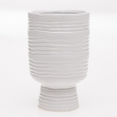 9" White Line Textured Ceramic Vase