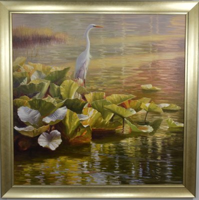 41" x 41" White Egret in Lily Pads on Gel Textured Print in Gold Frame