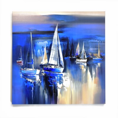 36" Square Blue Sailboats at Dusk Giclee on Canvas