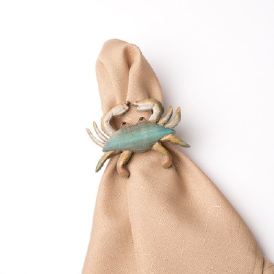 4" Blue Crab Carved Wood Napkin Ring