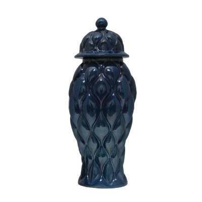 25" Tall Dark Blue Quilted Ceramic Ginger Jar