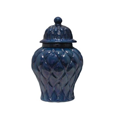 21" Squat Dark Blue Quilted Ceramic Ginger Jar