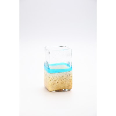 8" Square Blue & Tan Glass Vase