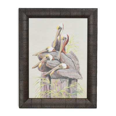 18" x 14" Five Pelicans Perched Gel Textured Print with No Glass