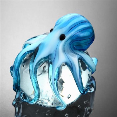 4" Blue Glass Octopus on Clear Sphere Sculpture