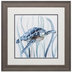 19" Square Left-facing Turtle in Seagrass Framed Print Under Glass