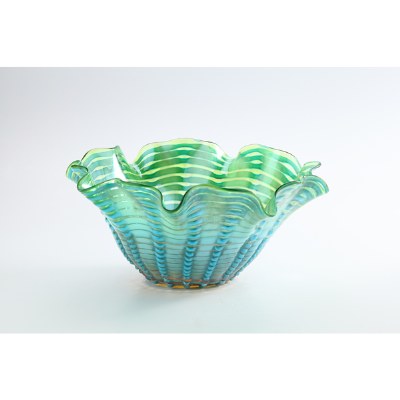 14" Blue & Green Ruffled Glass Bowl