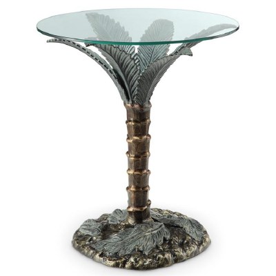 14" Round Glass Top Bronze and Green Aluminum Palm Tree Table