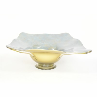 17" Square Light Blue and Gold Mirage Glass Wavy Bowl on Base