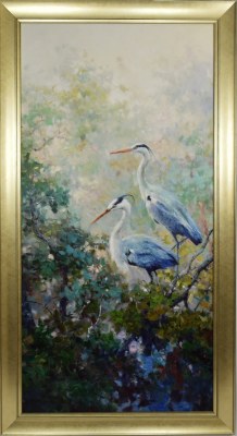 48" x 24" Two Blue Herons in Trees on Gel Textured Print in Gold Frame