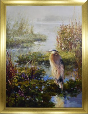 48" x 36" Great Blue Heron in Marsh on Gel Textured Print in Gold Frame