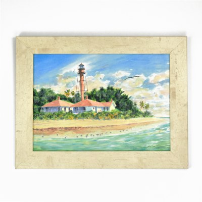 14" x 18" Sanibel Island Lighthouse Sandpipers Gel Textured Print with No Glass