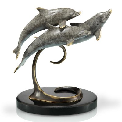 8" Gray Dolphin Trio on Marble Base