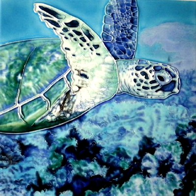 8" Square Green Sea Turtle on Blue Ceramic Tile