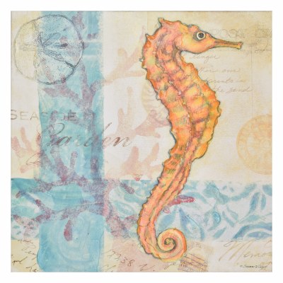 24" Square Orange Seahorse on Beige and Blue Canvas