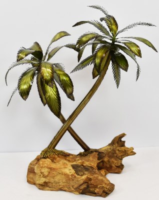 28" x 19" Double Stainless Steel Palm Tree Sculpture on Teak Wood Base MM182