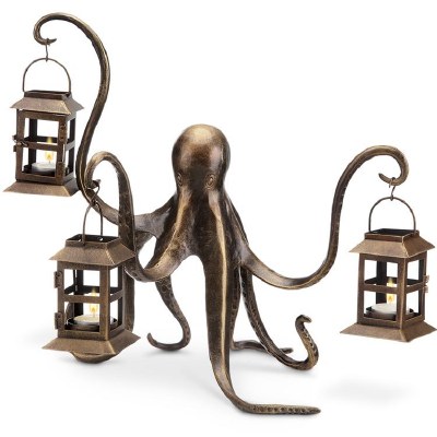 18" Metal and Glass Bronze Octopus with 3 Tealight Lanterns