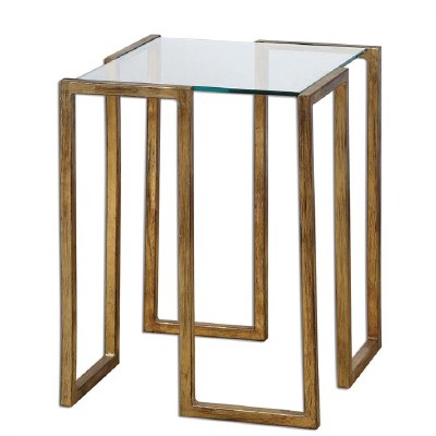 16" Square Gold Metal & Glass Table