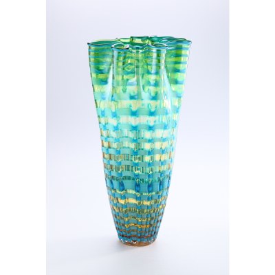 18" Blue & Green Striped Ruffled Glass Vase