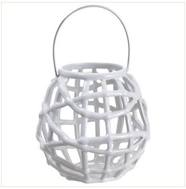 8" Round White Woven Basket Ceramic Lantern