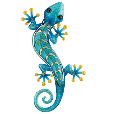 18" Blue Glass & Metal Gecko Plaque