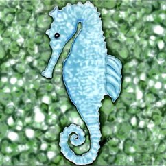6" Square Blue Seahorse on Green and White Ceramic Tile