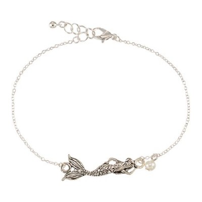 Distressed Silver Finish Mermaid Chain Anklet with Faux Pearl