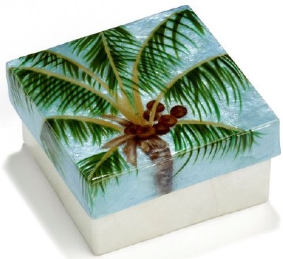 3" Square Painted Capiz Palm Tree Box