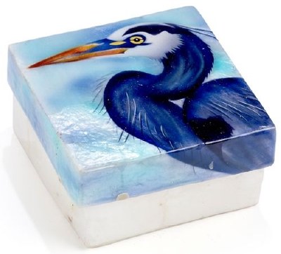 3" Square Painted Capiz Blue Heron Box