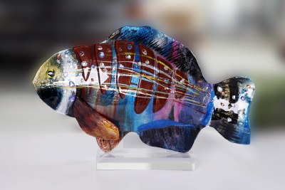 18" Dark Blue and Red Fused Glass Fish Sculpture