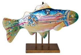 18"  Multicolor Blue and Gold Fused Glass Fish Sculpture