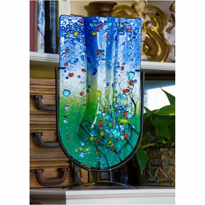 22" Blue and Green Multicolor Flat Fused Glass Vase with Metal Stand