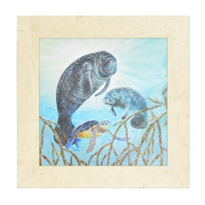 16" Square Manatee Family and Turtle Gel Textured Print with No Glass