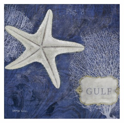 24" Square Beige Starfish on Navy Blue Canvas