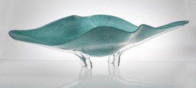 27" Turquoise Wavy Oval Footed Glass Bowl