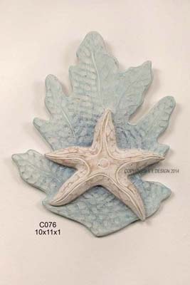 11" x 10" Aqua & White Starfish and Coral Wood Plaque