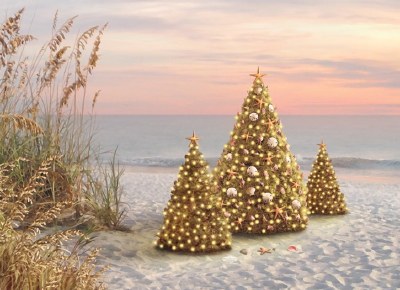 Box of 18 5" x 7" Beach Christmas Tree Trio Christmas Greeting Cards