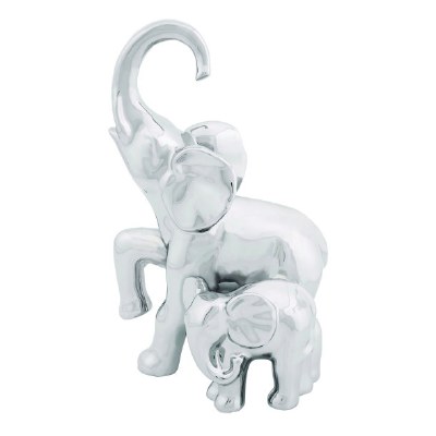 11" Silver Ceramic Mother Elephant with Baby Sculpture