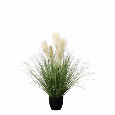 30" Faux Green Artificial Reed Grass with Cream Plumes in Black Pot