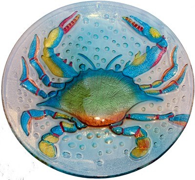 18" Round Glass Blue Multicolor Crab Bowl