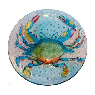 8" Round Multicolor Blue Crab Fused Glass Plate