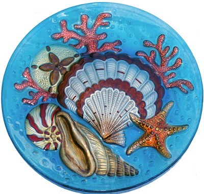 18" Round Glass Blue Multicolor Sea Life Bowl