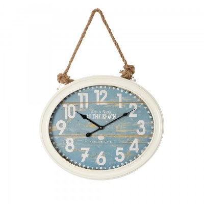 17" x 20" Oval Distressed White & Aqua Finish Rustic Beach Clock