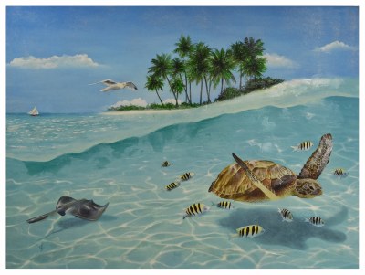 35" x 47" Island Sea Turtle Swimming Canvas