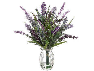 11" Faux Purple Lavender in Ribbed Glass Vase