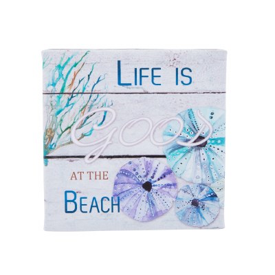 5" Square Wood and Canvas Life is Good at The Beach Plaque