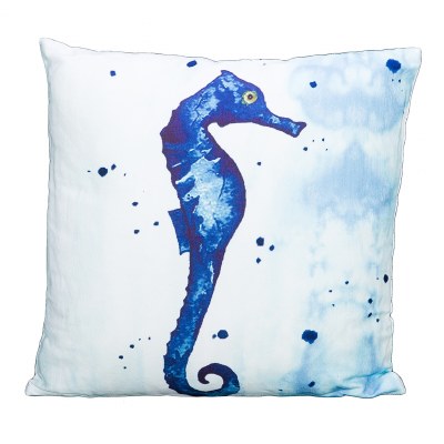 16" x 16" White & Navy Blue Decorative Seahorse Pillow